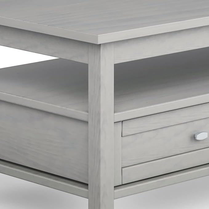 SIMPLIHOME Warm Shaker Coffee Table - 48 inch Wide Solid Wood Cocktail Table in Fog Grey, Transitional Living Room Table with 2 Storage Drawers and Open Shelf for Sitting Area or Lounge