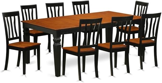 East West Furniture LGAN9-BCH-W 9 Piece Dining Table Set Includes a Rectangle Dining Room Table with Butterfly Leaf and 8 Wooden Seat Chairs, 42x84 Inch, Black & Cherry