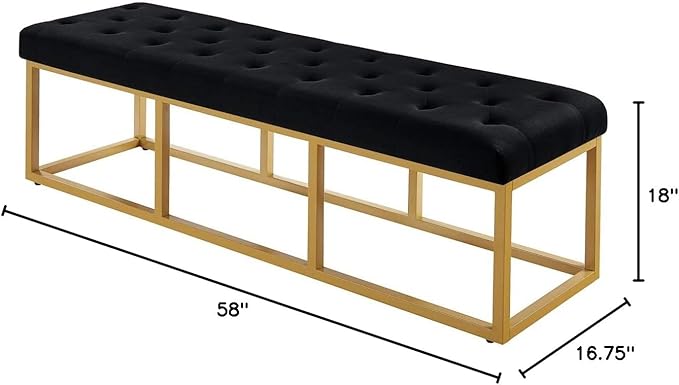 24KF Upholstered Tufted Long Bench with Golden Metal Leg, Black Velvet Bench with Padded Seat-Black