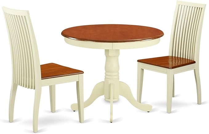 East West Furniture ANIP3-BMK-W 3 Piece Dining Set Contains a Round Dining Room Table with Pedestal and 2 Wood Seat Chairs, 36x36 Inch, Buttermilk & Cherry