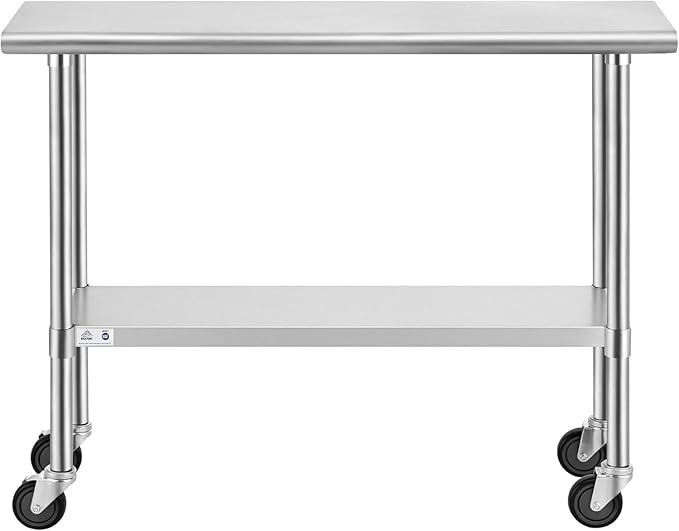 ROCKPOINT Stainless Steel Table for Prep & Work with Caster Wheels 14x48 Inches, NSF Metal Commercial Kitchen Heavy Duty Table with Adjustable Under Shelf and Table Foot for Restaurant, Home and Hotel
