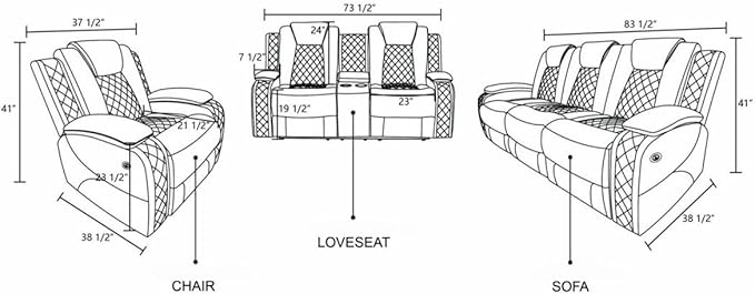 Electric Power Recliner Loveseat Set Living Room Furniture, Comfy Home Theater Breathing Leather Seating with USB 2.0 Charging Ports, LED Light Strips, Mid Console and Cupholders (White)