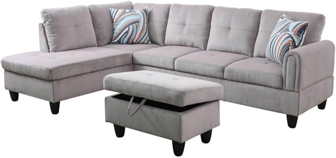 Grey White L-Shaped 3-Piece Corduroy Sofa with Storage Ottoman Set, Sectional Couch Sofa Set for Living Room, Office, Small Space