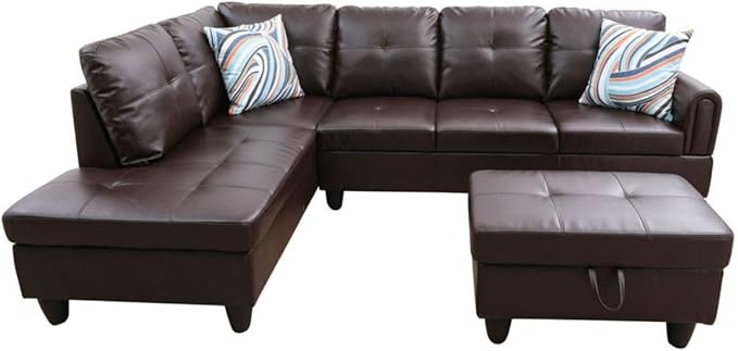 Brown L-Shaped 3-Piece Faux Leather Sofa with Storage Ottoman Set, Sectional Couch Sofa Set for Living Room, Office, Small Space