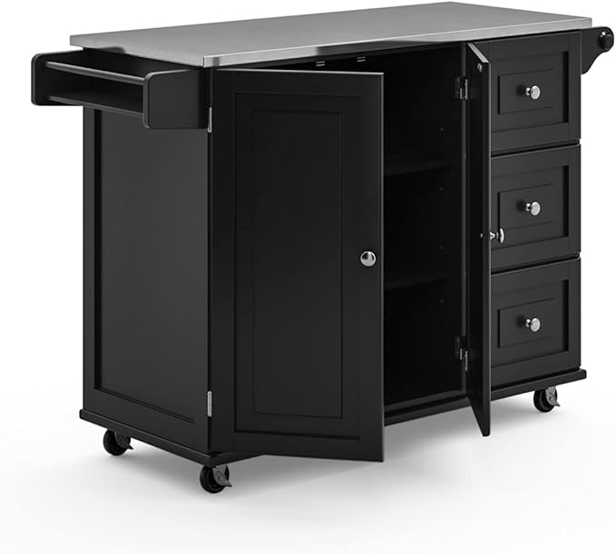 Homestyles Dolly Madison Black Mobile Kitchen Island Cart with Stainless Steel Top