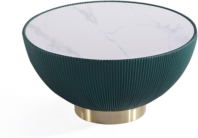 Manhattan Comfort Anderson Modern 28.15" Round Coffee Table 2.0 - Ceramic Marble Tabletop, Elegant Pleated Leatherette Details & Gold Base, Fully Assembled Accent Furniture, Set of 1, Green