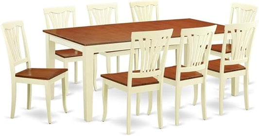 East West Furniture QUAV9-WHI-W 9 Piece Modern Dining Table Set Includes a Rectangle Wooden Table with Butterfly Leaf and 8 Dining Room Chairs, 40x78 Inch, Buttermilk & Cherry
