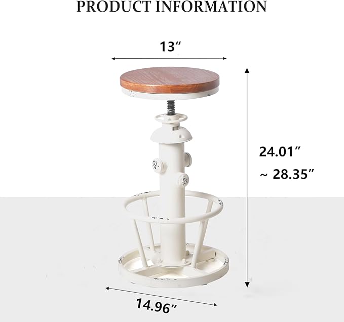 Topower Aged Antique Industrial Round Bottom Adjustable Height Cafe Coffee Retro Vintage Stylish Water Pipe Design Pub Kitchen Bar Stool (Antique White, Wooden Top)