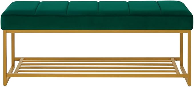 24KF Jade Velvet Upholstered End of Bed Bench with Metal Shelf, Modern Tufted Channel Entryway Bench Footboard Bench for Living Room, Bedroom, Gold Bench,5036-Jade