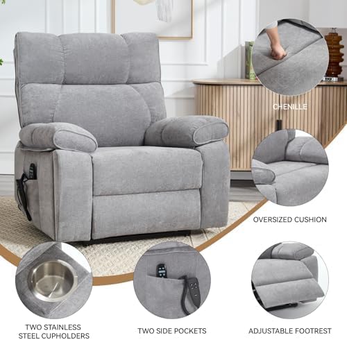 Dual Motor Power Lift Recliner Chair, 8 Positions Vibration Massage Recliner Chair, Chenille Fabric Recliner with Cup Holder, Vibration Massage and Lumbar Heating for Adults and Elderly, Grey