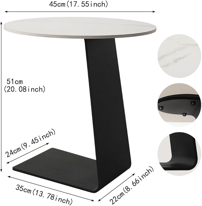 Side Table with Marble Top Metal Black C Shaped End Table Modern Sofa Side End Table Coffee Round Side Desk for Couch Living Room Bedroom