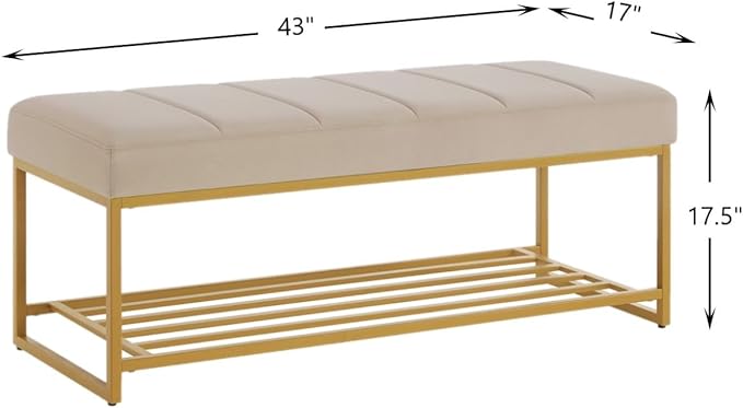 24KF Taupe Velvet Upholstered End of Bed Bench with Metal Shelf, Modern Tufted Channel Entryway Bench Footboard Bench for Living Room, Bedroom, Gold Bench,5036-Taupe