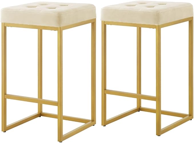 24KF Contemporary Counter Height Bar Stool Set of 2 for Kitchen Island, 26" H Velvet Padded Gold Barstool Bar Chair,5066-Cream