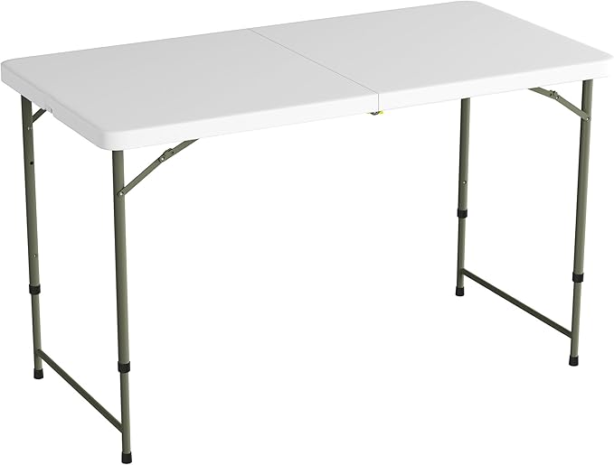 Adjustable Folding Table - Portable 4-Foot Plastic Utility Tabletop with 2 Height Settings - Indoor and Outdoor Seating by Lavish Home (White)