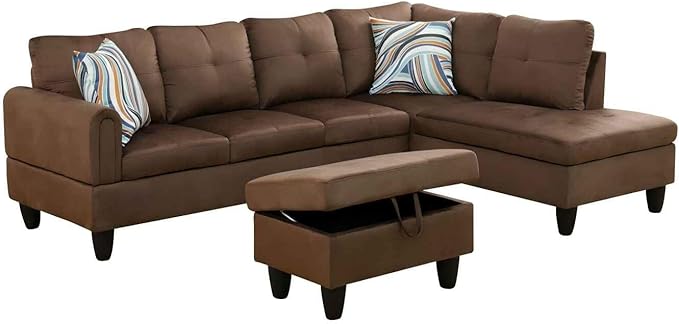 Chocolate L-Shaped 3-Piece Flannel Sofa with Storage Ottoman Set, Sectional Couch Sofa Set for Living Room, Office, Small Space