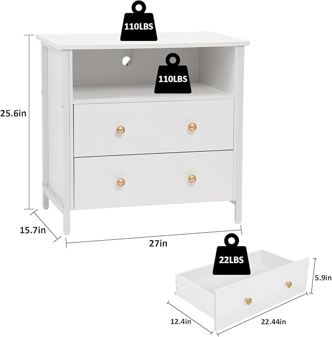 27 Inch Wide Night Stand, Large Wood Night Stand Set 2 with 2 Drawers, LED Nightstand with Charging Station and Adjustable Drawer, Bedside Table for Living Room/Bedroom/Study/Office, White.