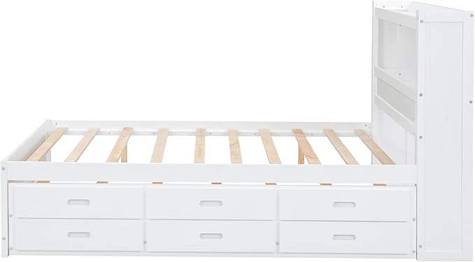 Full Size Pine Wood Platform Bed with Trundle,Drawers,2 Ports and 2 USB Plugs,Storage Bed with Pull Out Shelves,No Box Spring Needed,Perfect for Adults,Teens Bedroom Furniture,White