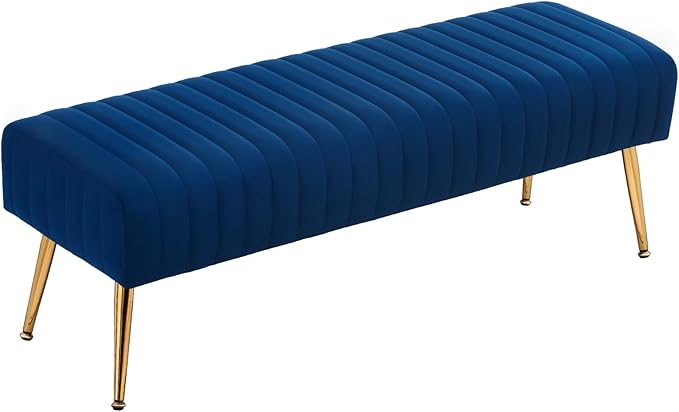 Furniliving Bedroom Bench Velvet Ottoman Bench with Skin-Friendly Velvet, 44.8’’ Upholstered End of Bed Bench, Soft Indoor Benches with Golden Finished Tapered Legs for Living Room, Entryway, Blue