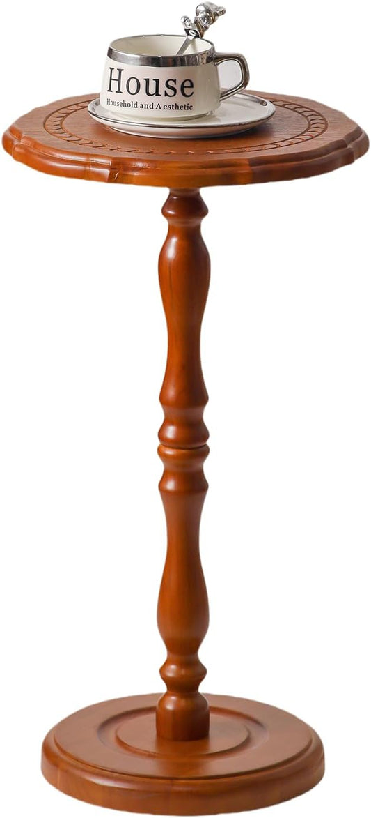 Solid Wood Side Table, Small Drink Table for Small Spaces, Round Vintage Pedestal End Tables for Living Room, Bedroom, Plant, Accent for Corners