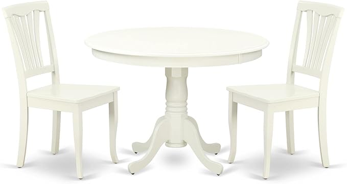 East West Furniture HLAV3-LWH-W 3 Piece Kitchen Table Set for Small Spaces Contains a Round Dining Room Table with Pedestal and 2 Dining Chairs, 42x42 Inch, Linen White