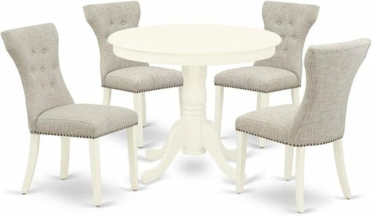 East West Furniture ANGA5-LWH-35 5 Piece Dining Table Set for 4 Includes a Round Kitchen Table with Pedestal and 4 Doeskin Linen Fabric Upholstered Parson Chairs, 36x36 Inch, Linen White