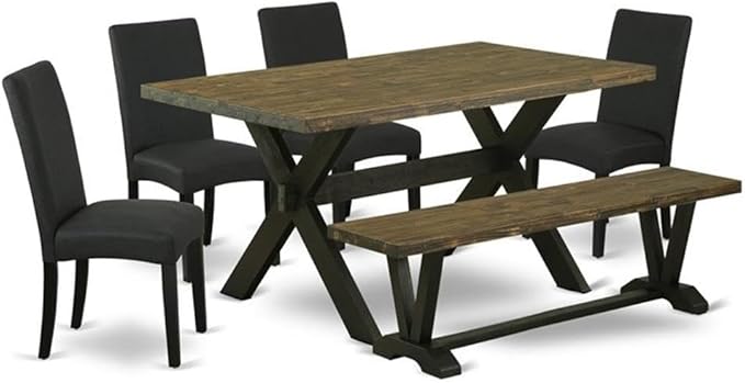 East West Furniture X676DR124-6 6 Piece Kitchen Table Set Contains a Rectangle Dining Table with X-Legs and 4 Black Color Linen Fabric Parson Chairs with a Bench, 36x60 Inch, Multi-Color