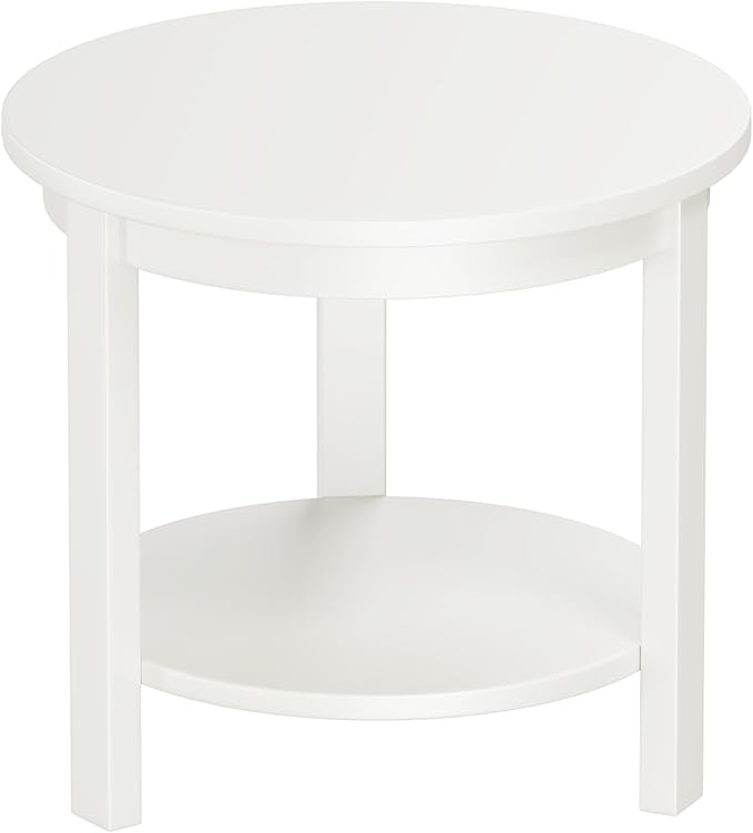 Small Round Wood Coffee Table with Storage Shelf, Living Room Side Table for Couch Sofa, 22 x 20 Inches, 4-Tier Mid Century Modern Wooden End Table for Bedroom, White