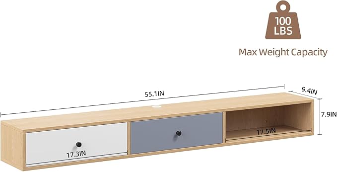 Modern Floating TV Stand with Doors, 55‘’ Wall Mounted Media Console Cabinet Under TV Shelf for Living Room Bedroom, Natural