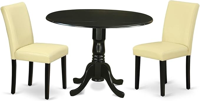 East West Furniture DLAB3-BLK-73 3 Piece Kitchen Table Set Contains a Round Dining Table with Dropleaf and 2 Eggnog Faux Leather Parson Dining Room Chairs, 42x42 Inch, Black