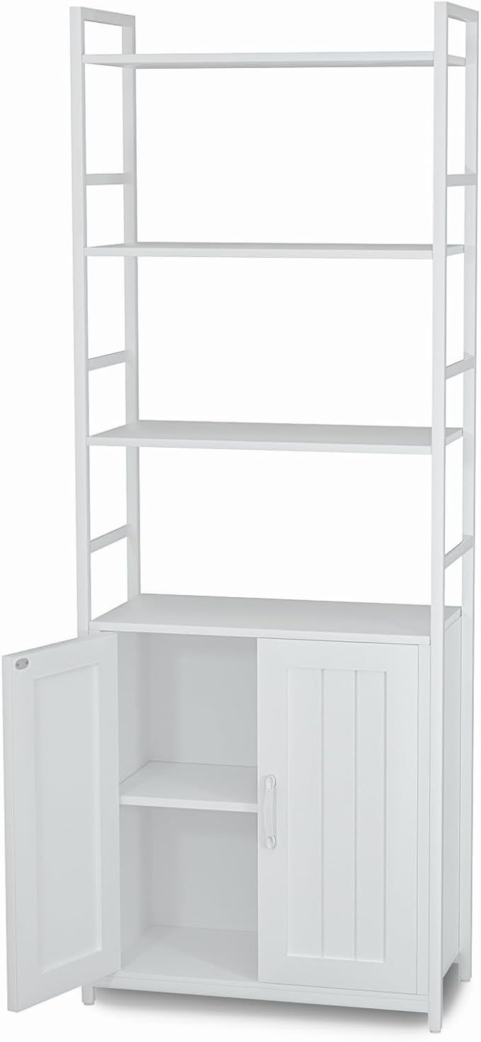 White Bookshelf with Doors,70" Tall Bookcase with Storage Cabinet,6 Tier Book Shelf for Living Room/Bedroom/Home Office/Kitchen,70"(H)*26"(L)*11.8"(W)