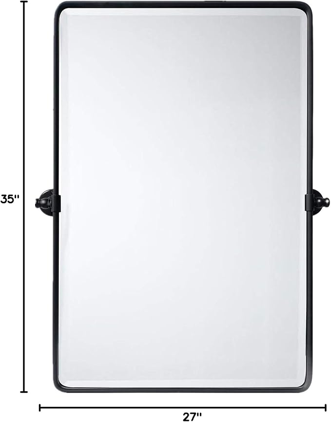TEHOME Matt Black Pivot Rectangle Bathroom Vanity Mirrror Farmhouse Tiltable Rounded Metal Framed Pivoting Bathroom Mirror with Beveled Mirrror, Overall 27 x 35 inches (Mirrror 23 x 35 inches)