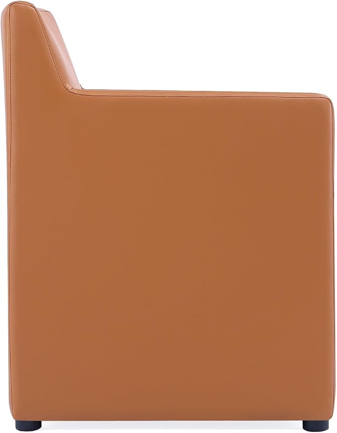 Manhattan Comfort Anna Square Modern Dining Chair with Arms, Head-to-Toe Faux Leather Upholstered Accent Armchair with Plastic Foot Padding, Set of 2, Saddle