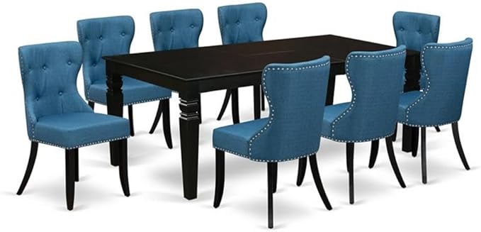 East West Furniture LGSI9-BLK-21 9 Piece Dining Table Set Includes a Rectangle Dining Room Table with Butterfly Leaf and 8 Blue Linen Fabric Upholstered Chairs, 42x84 Inch, Black