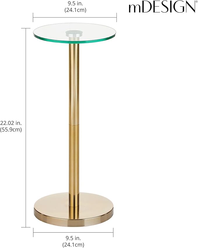 mDesign Glass Top Side/End Drink Table - Small Modern Round Accent Metal Nightstand Furniture for Living Room, Dorm, Home Office, and Bedroom - 9" Round - Clear/Soft Brass