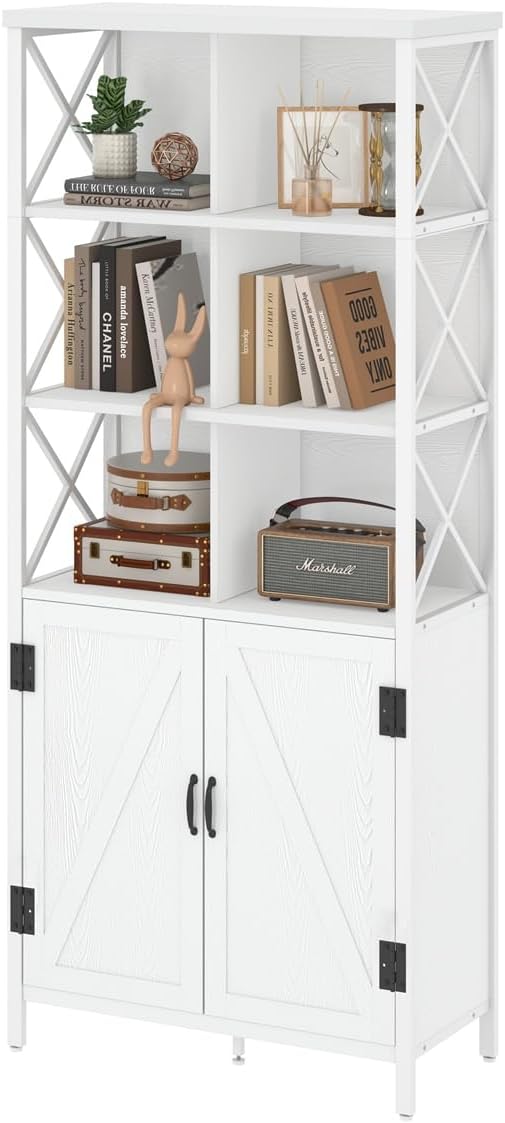 FATORRI Tall Bookshelf and Bookcase, Industrial Bookshelf with Doors, Bookcase with Storage, Cube Storage Organizer Bookshelves, Wood Book Shelf for Living Room, Home Office (White Oak, 67 Inch)