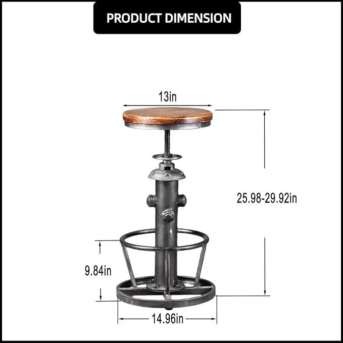 Swivel Bar Stool Industrial Coffee Kitchen Dining Chair Fire Hydrant Design Height Adjustable 24.8-30.7inch Wooden Seat