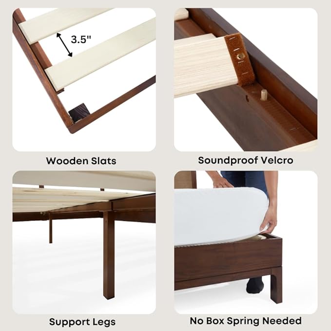 Bme Nipe King 14 Inch Bohemian Bed Frame with Adjustable Wicker Headboard - Rustic & Vintage Unique Style with Acacia Wood - No Box Spring Needed - Easy Assembly - Walnut
