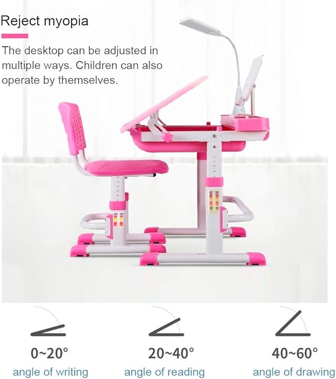 Kids Desk and Chair Set, Height Adjustable Children School Study Desk with Tilt Desktop, Bookstand, LED Lamp, Metal Hook and Storage Drawer for Boys Girls, Pink