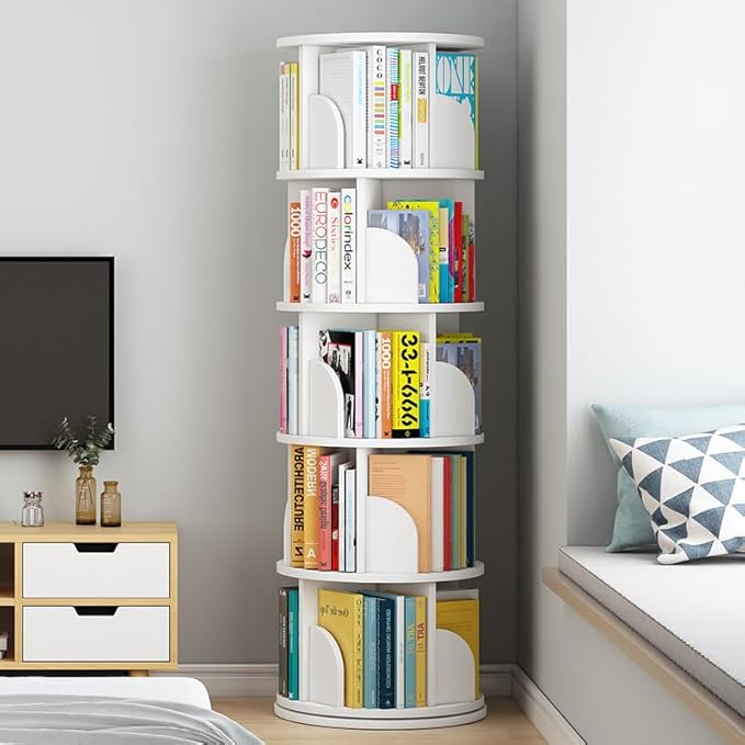 Rotating Bookshelf Tower, 360 Display 5 Tier Floor Standing Bookcase Storage Rack for Kids&Adults, Corner Bookshelf for Small Space, Book Shelf Rotating Bookcase for Bedroom, Living Room, Study