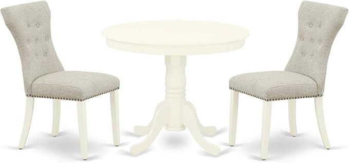 East West Furniture ANGA3-LWH-35 3 Piece Dining Room Furniture Set Contains a Round Dining Table with Pedestal and 2 Doeskin Linen Fabric Upholstered Chairs, 36x36 Inch, Linen White