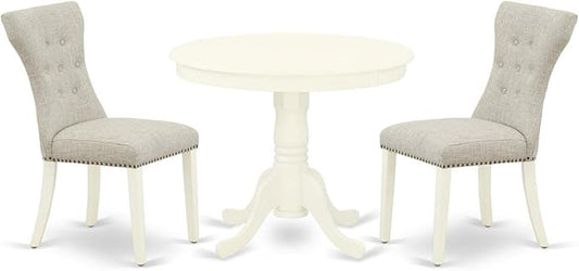East West Furniture ANGA3-LWH-35 3 Piece Dining Room Furniture Set Contains a Round Dining Table with Pedestal and 2 Doeskin Linen Fabric Upholstered Chairs, 36x36 Inch, Linen White