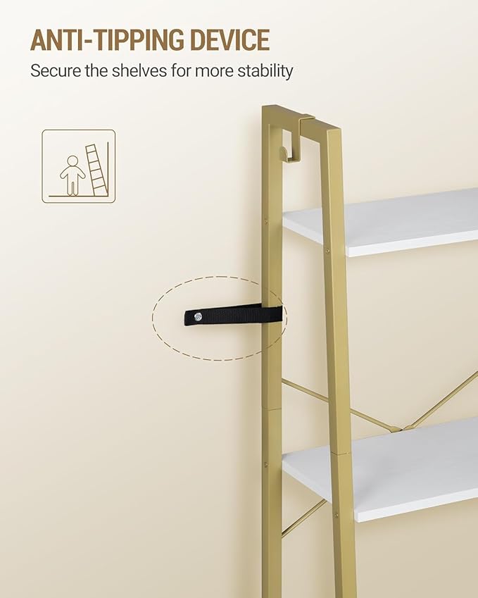 Ladder Shelf, Bookshelf Bookcase, Freestanding Corner Storage Shelve with 2 Hooks for Home Office, Living Room, Kitchen, Bedroom, Industrial, 5-Tier White Gold BC19213G