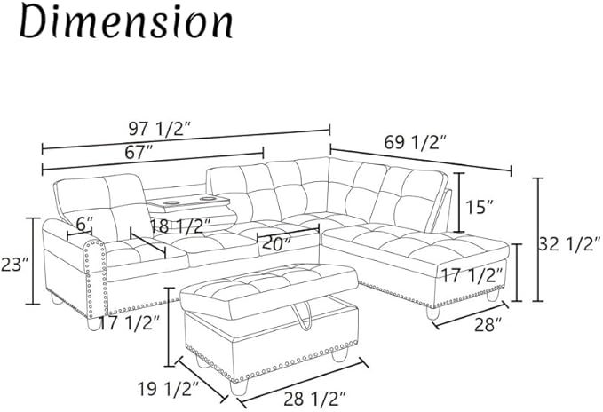 Modern Living Room Furniture Sets with Cup Holder, Modular Sectional Couches with Chaise Lounge, 4-Seaters L Shape Sofa with Storage Ottoman, for Living Room, Faux Leather, Black