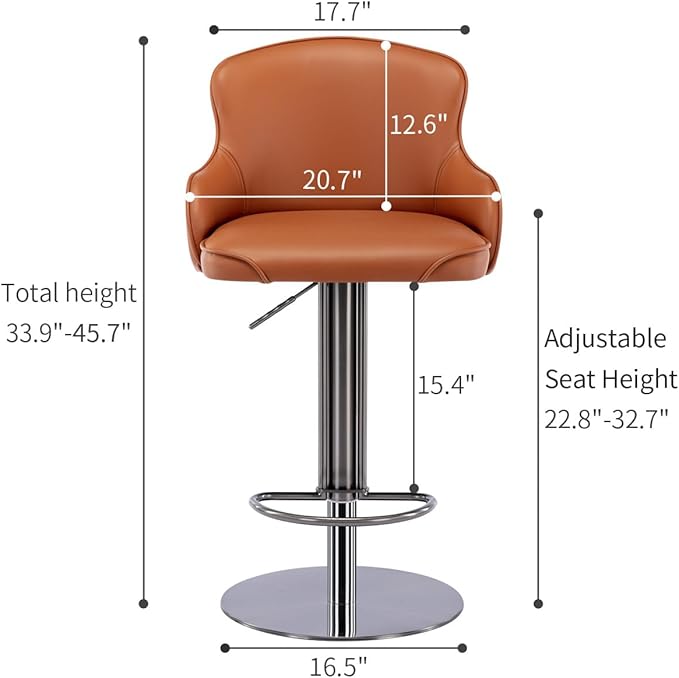 Black Titanium Stainless Steel Bar Stools,Grade Modern Leather Bar Chair with Backrest,Swivel Adjustable Height for Kitchen Counter and Dining Room (Brown Leather-2pcs)