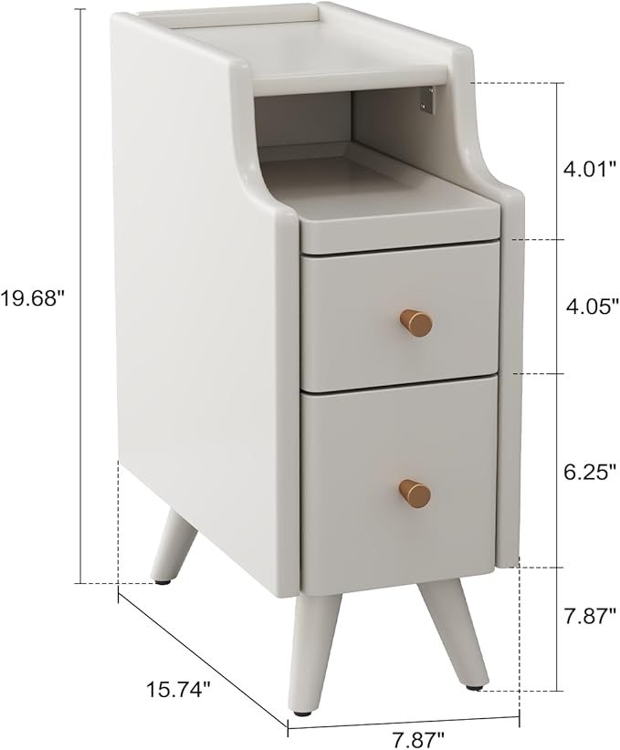 Narrow Nightstand with Drawers, Wood Bedside Table, Small White Nightstand Set of 2