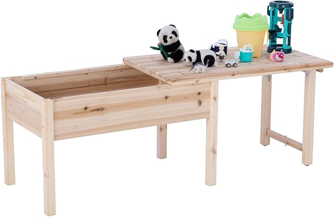 BIRASIL Wooden Kids Table with Storage, Sensory Tables with Folding Lid for Children, Elevated Activity Play Table for Indoor Outdoor, Natural Wood
