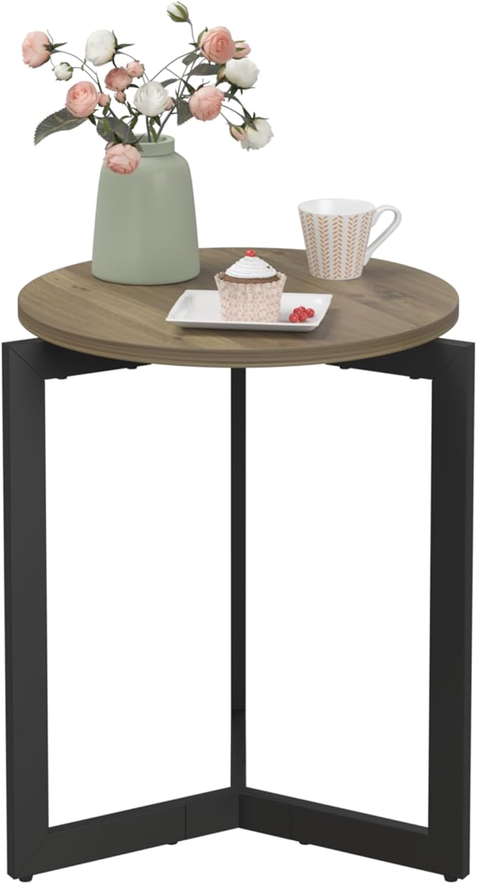 Round Dining Table, 15.75" Small Dinner Table with Metal Base Round Brown Side End Tables for Dining Room, Kitchen, Living Room