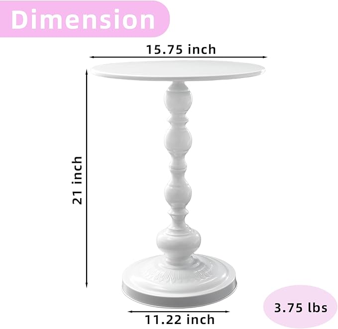 Benkyo White Round End Side Table Modern Metal Pedestal Spindle Side Tables for Living Room Bedroom，White