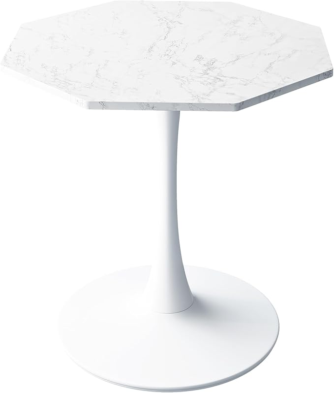 31.5 in Hexagonal Pedestal Dining Table for 2, Small Tulip Bistro Table with Metal Base, Space Saving Breakfast Nook Furniture for Home Cafe Apartment, Marble White