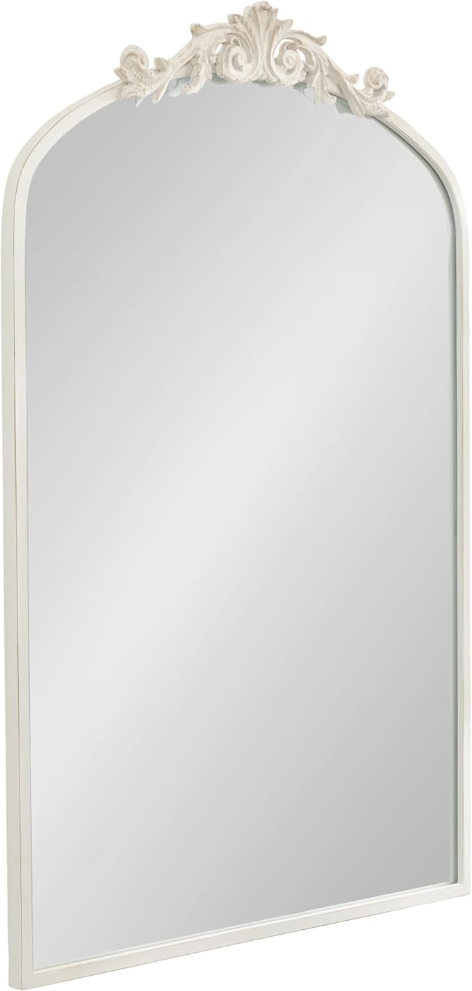 Kate and Laurel Arendahl Traditional Arch Wall Mirror; 24 x 36; Antique White; Vintage Glam Baroque-Inspired Arched Bathroom Vanity Mirror with Ornate Crown